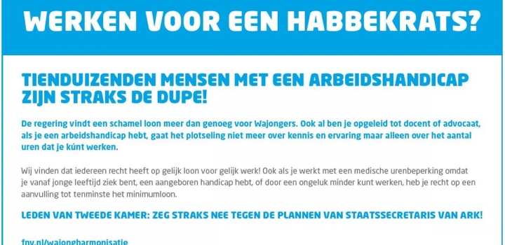 FNV: Tweede Kamer, stem tegen de nieuwe Wajongmaatregelen